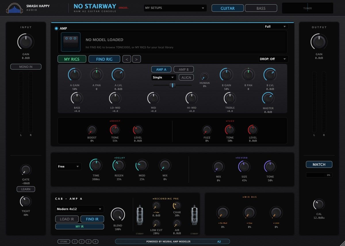 No Stairway guitar console, dual-amp A/B rack